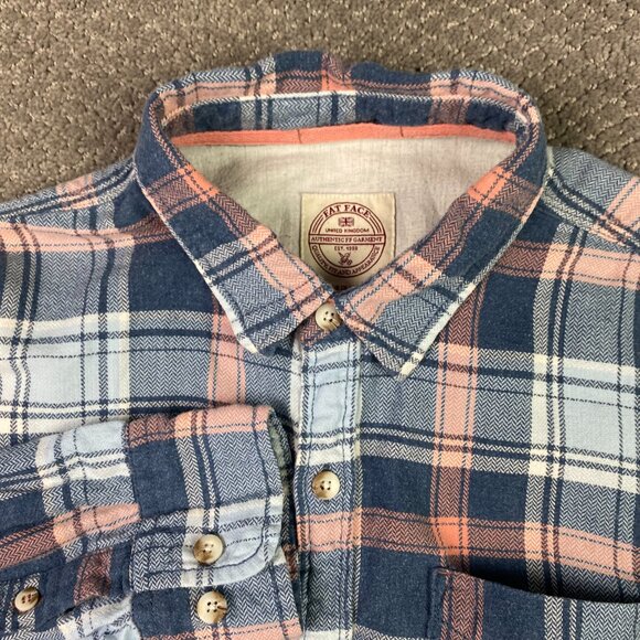 Fat Face Flannel Shirt Men's Large Plaid Check Cotton Iced Blue Pink Button Up - Picture 2 of 16